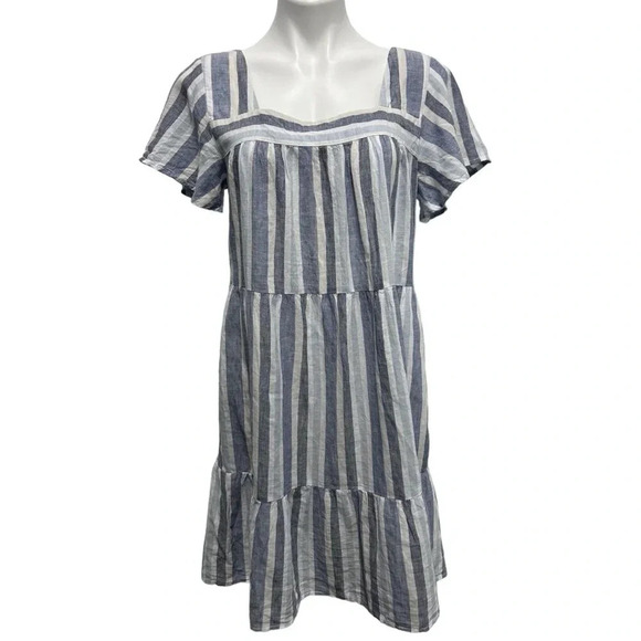 BeachLunchLounge Blue White Striped Linen Blend Tiered Short Sleeve Sundress - Picture 9 of 9